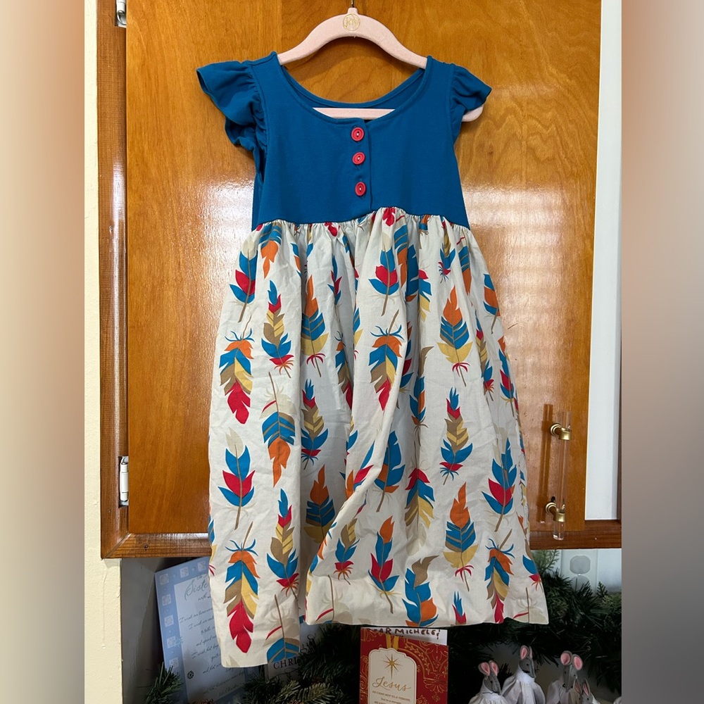 Elenor Rose Sz 6-7 Colorful Feather Print Kids Dress